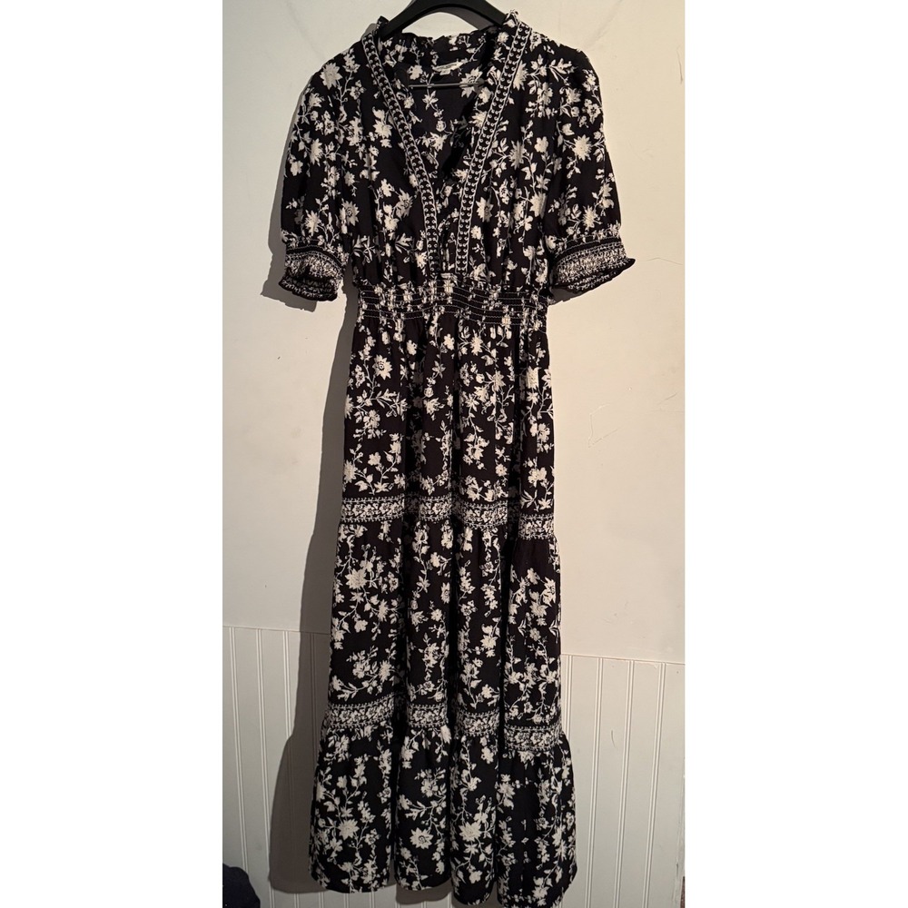 Max Studio‎ London Small Floral Flutter Sleeve Maxi Dress Black White Tiered